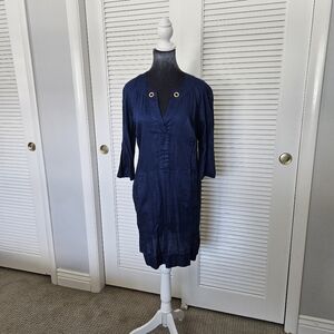 Jets Australia Blue Cotton Dress Beach Cover Up 3/4 Sleeves V Neck, Gold Rings